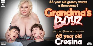 Cresina is a 68 year old curvy, big tit granny that has a naughty threesome with two toyboys