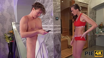 Naked dude entered meets Stacy Cruz with stunning body in her sauna