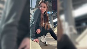 Public risky masturbation in leggings by a hot babe