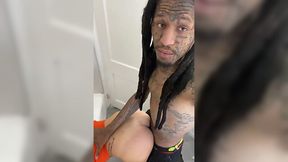 A black beauty stands in a doggy style right in the bathroom for the sake of a big black dick.