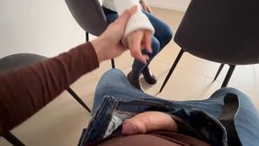 Pants down &mdash;  surprised redhair in jeans; dental waitroom blowjob